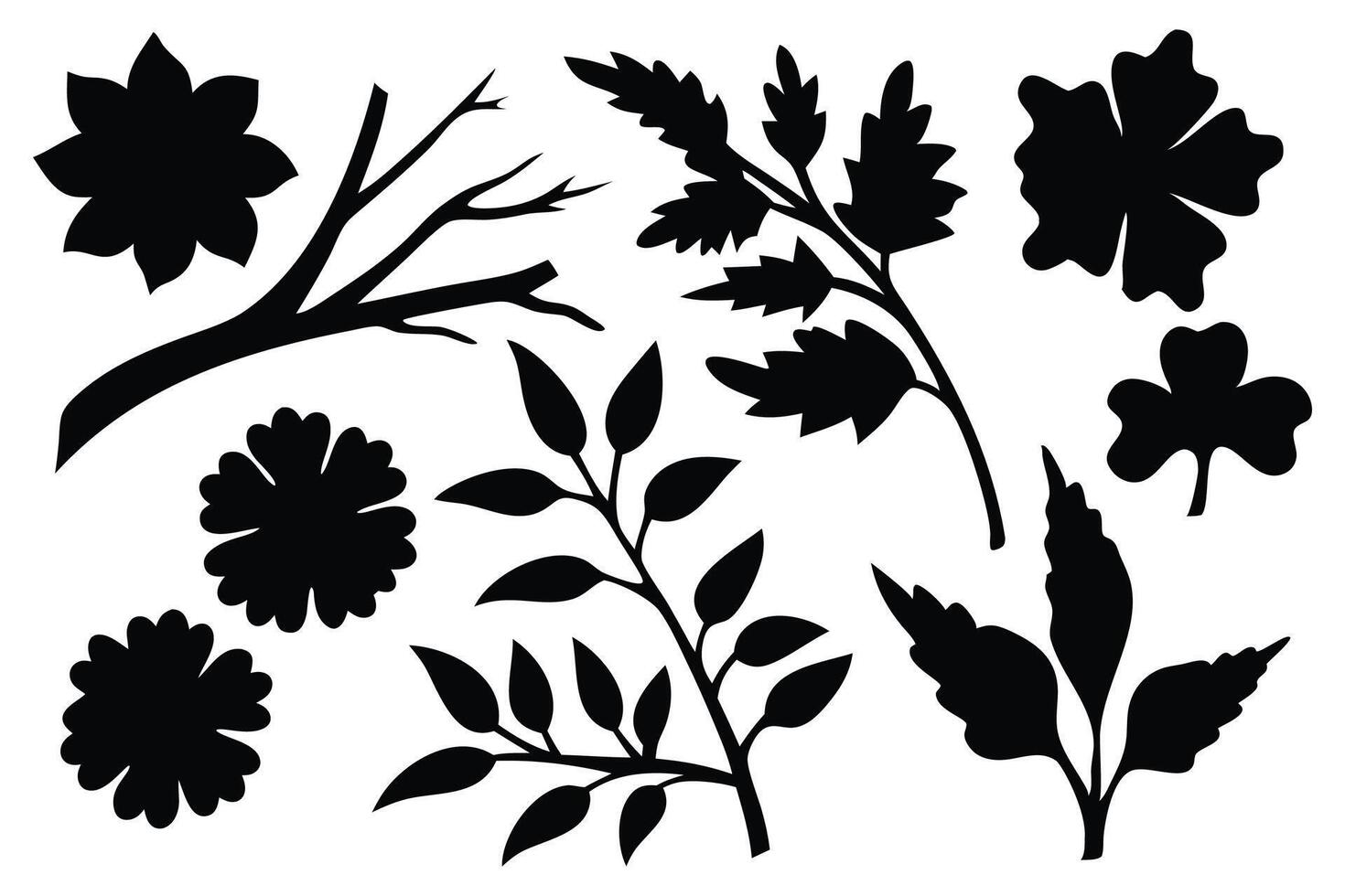 Branch leaf plants silhouettes set isolated flat illustration on white background. vector