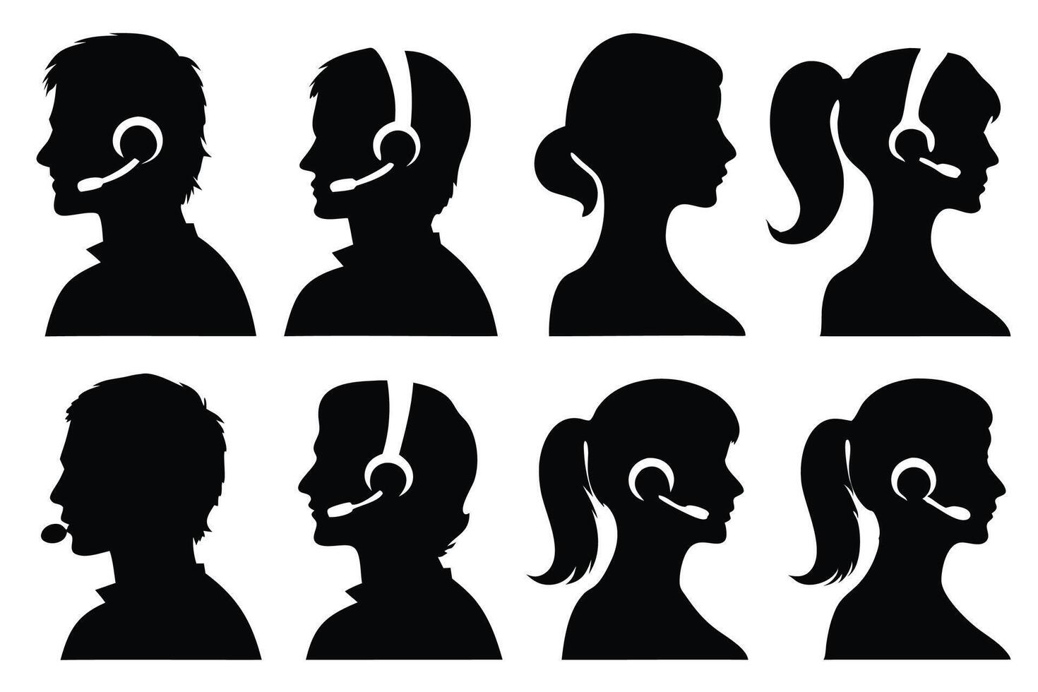 Call center man woman head silhouettes set isolated flat illustration on white background vector