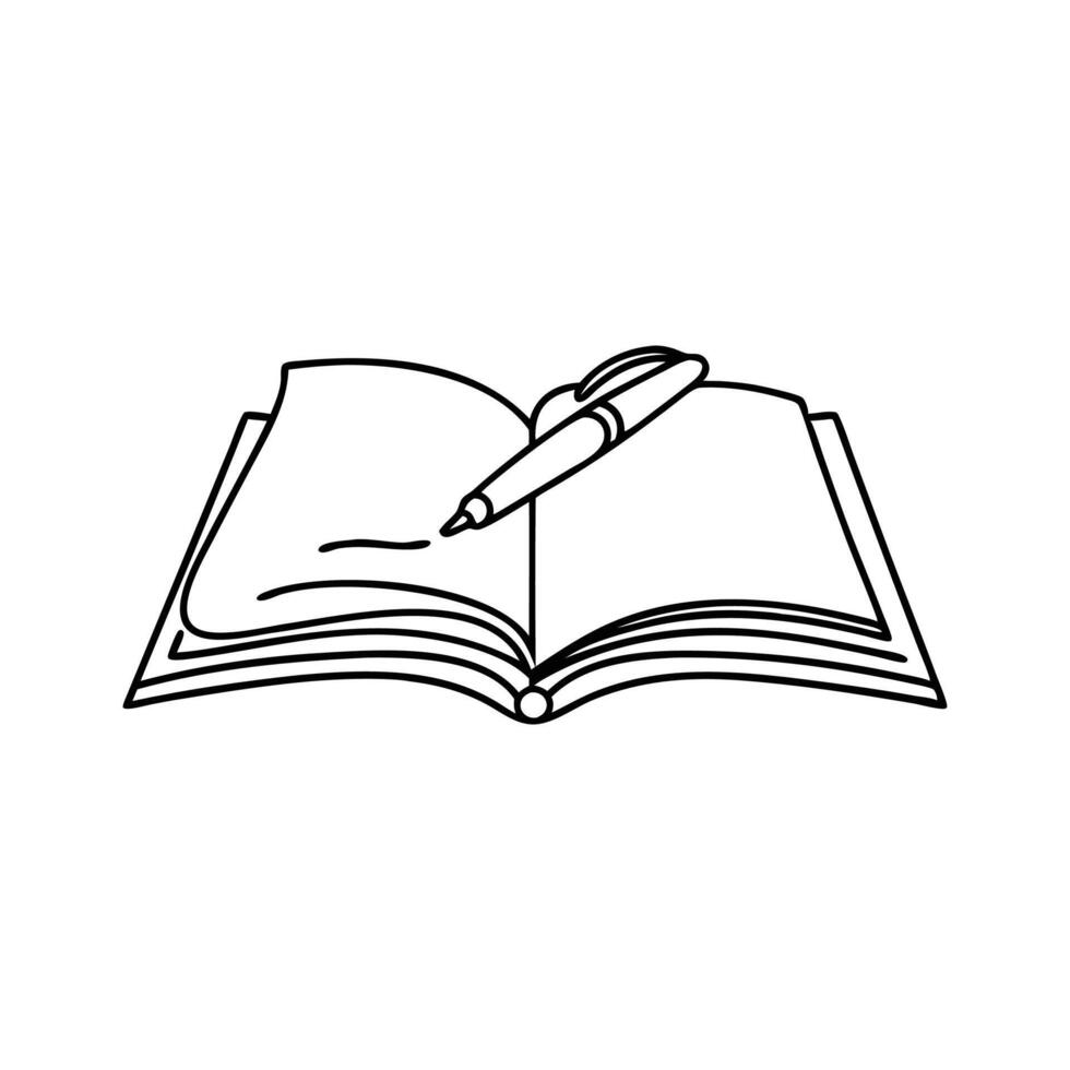 Opened book with pen. Education in school and library studying in simple linear style Hand drawn line art flat illustration. vector