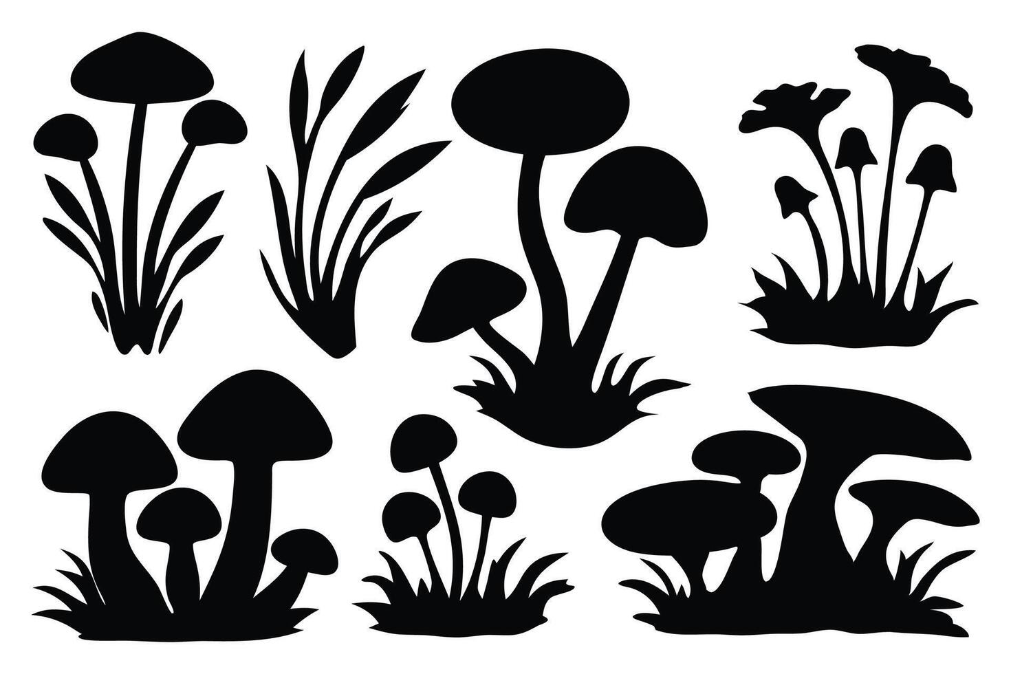 Mushrooms silhouettes set isolated flat illustration on white background. vector