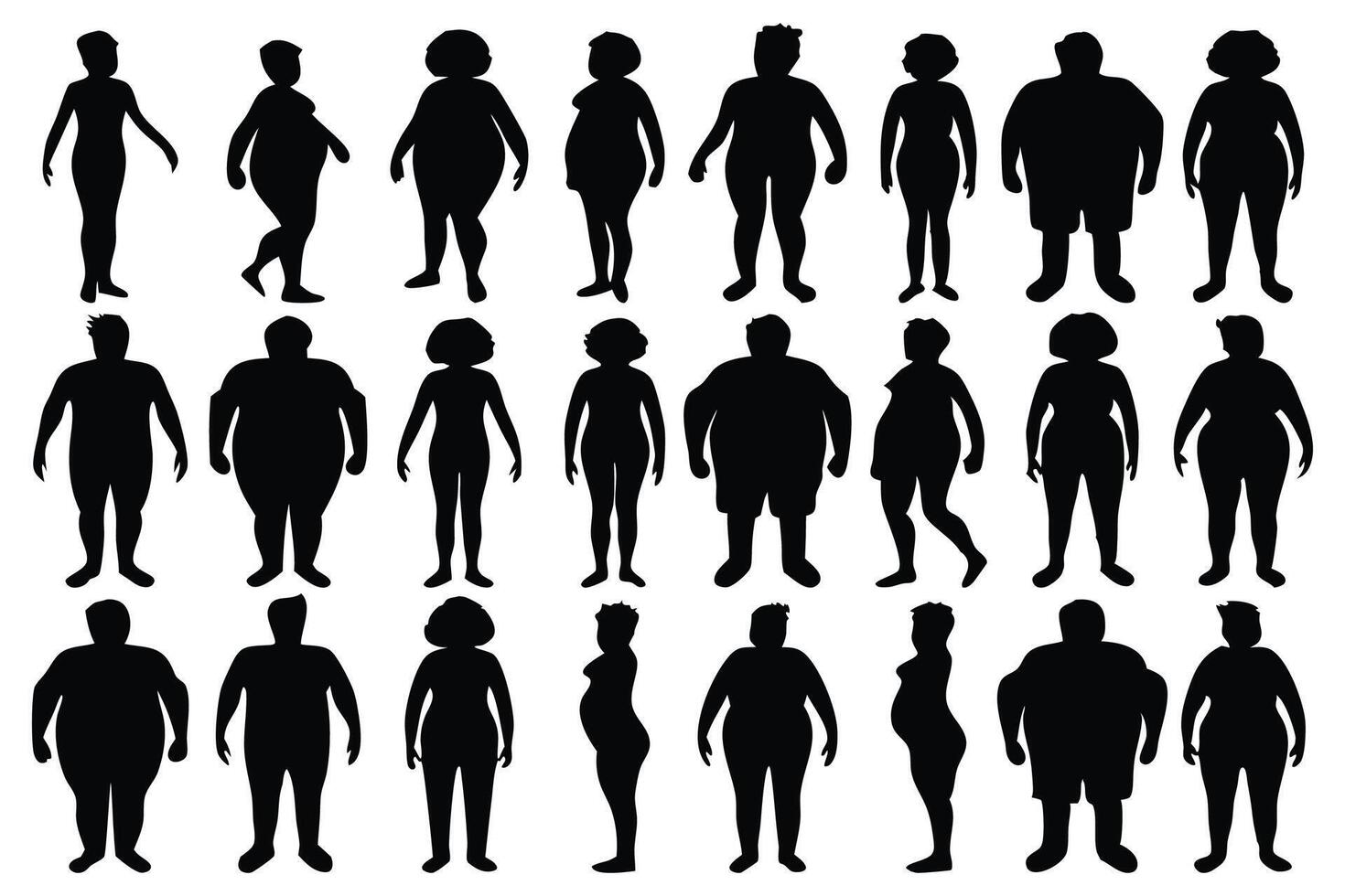Overweight people silhouettes set isolated flat illustration on white background. vector