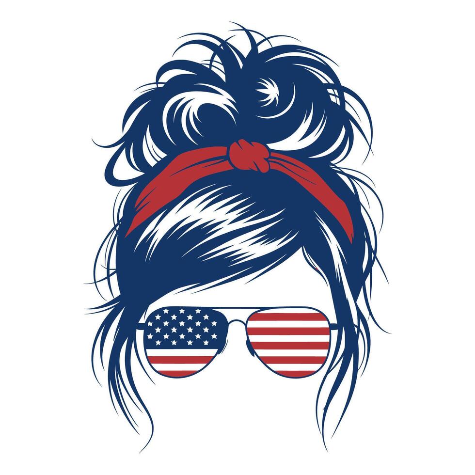 American Flag Sunglasses Woman with Messy Bun vector