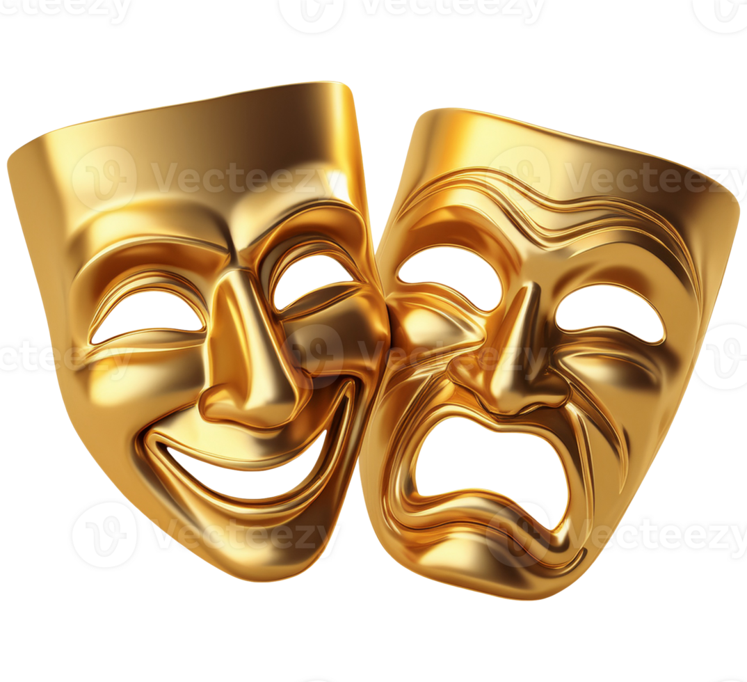 two golden theatrical masks on a transparent background png