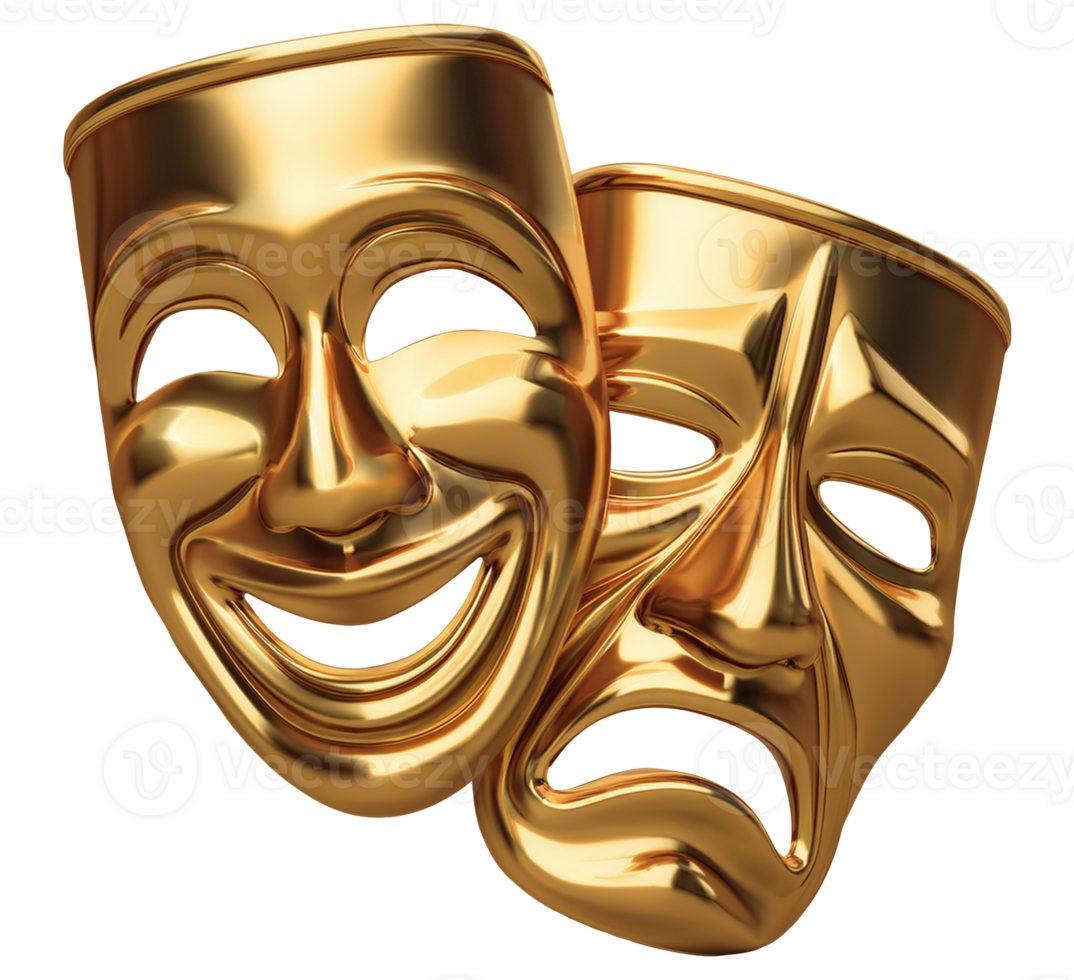 Golden Comedy and Tragedy Masks isolated on transparent background png