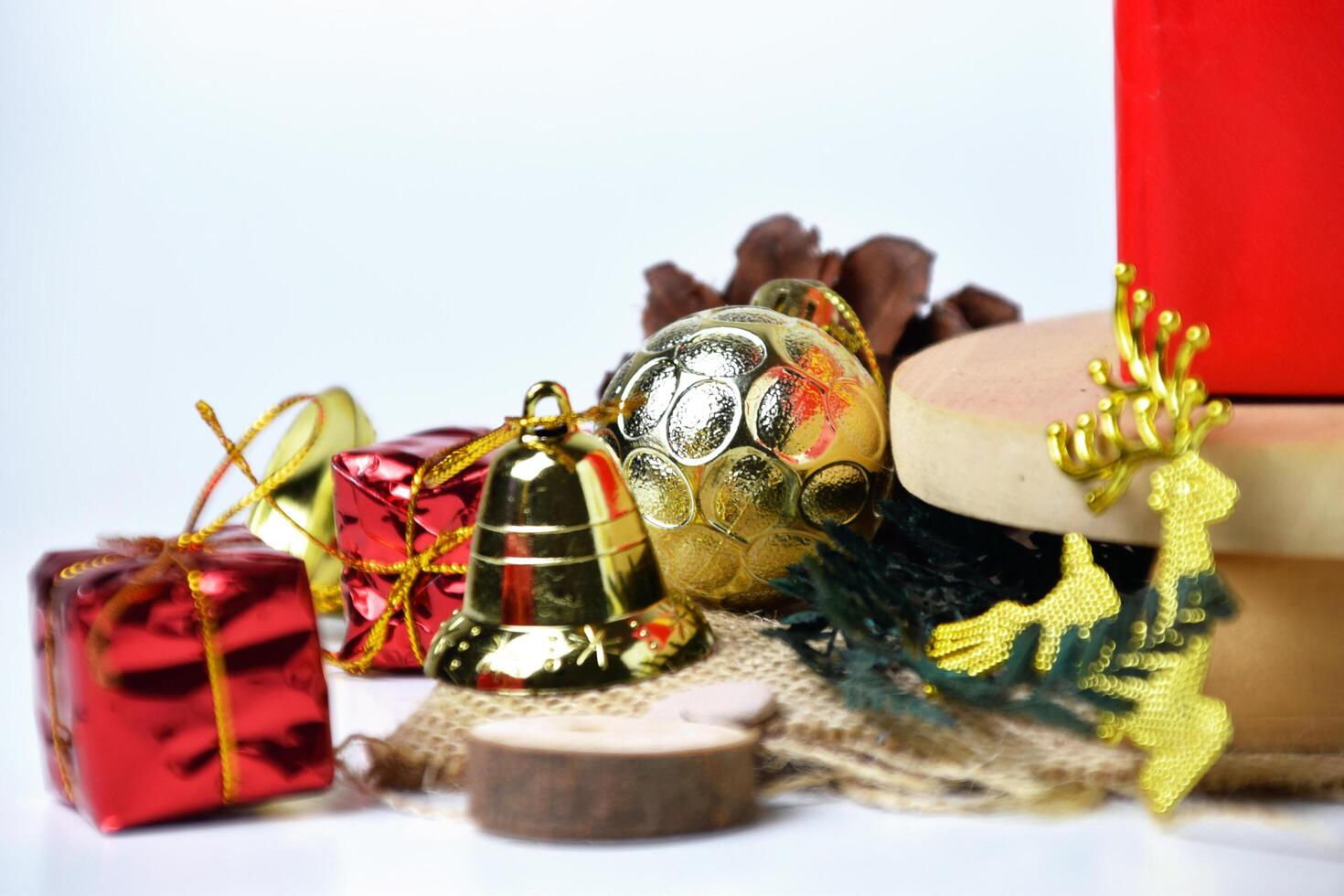 Christmas decorations closeup with shiny gold reindeer photo