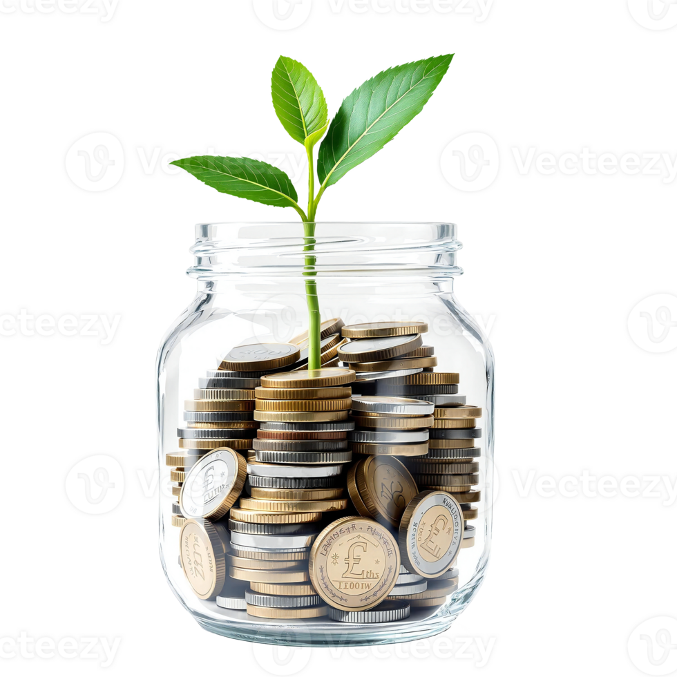 Money in a jar with plant png