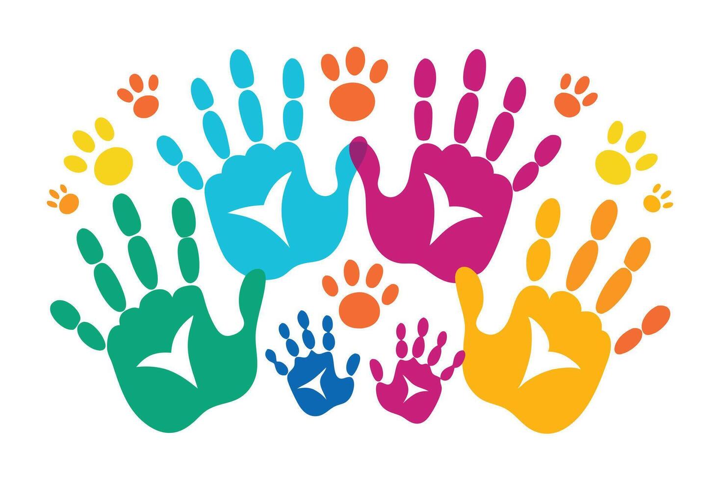Playful Handprints and Pawprints Colorful Design on White Background vector