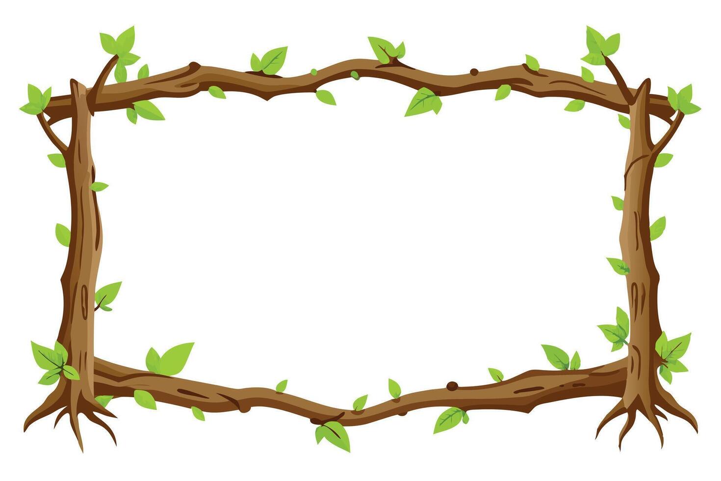 Cartoon Tree Branch with Fresh Green Leaves and Roots on White Background vector