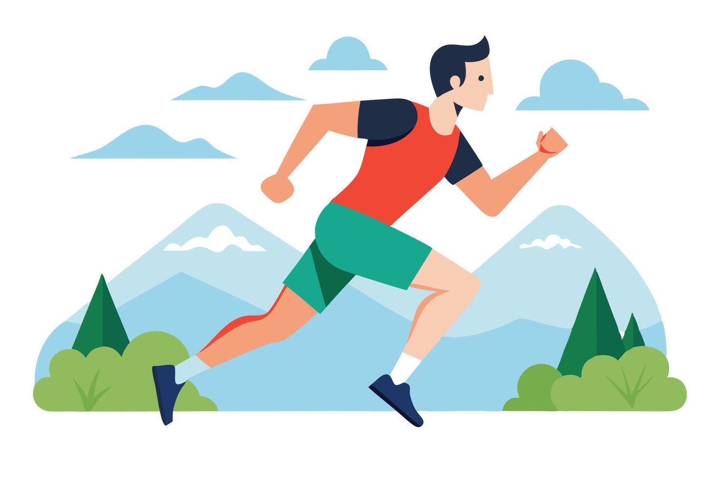 Flat Design Athletic Man Running Outdoor Against Mountain Scenery vector