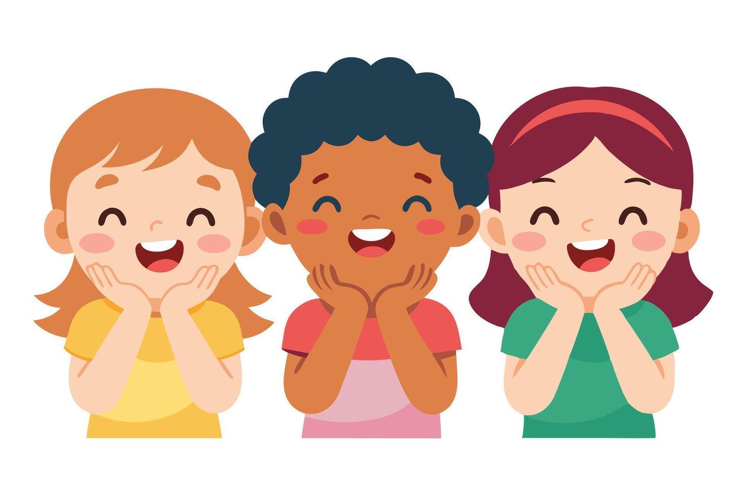 Cartoon Smiling Multiethnic Children Supporting Chin With Hands on White Background vector