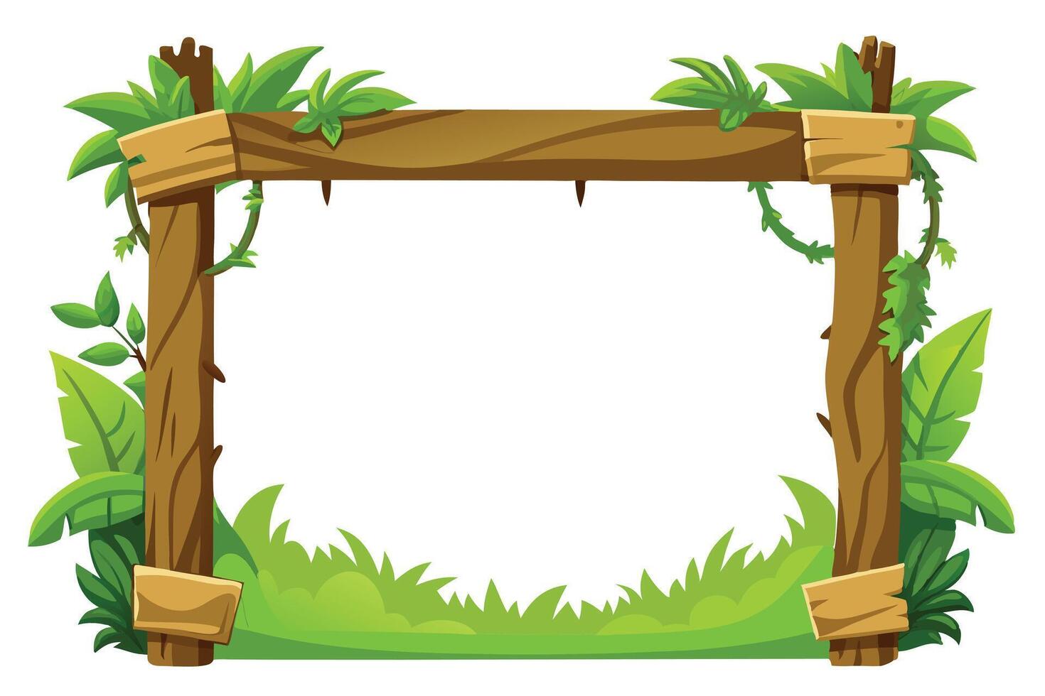 Cartoon wooden with tropical leaves and vines on a white background vector