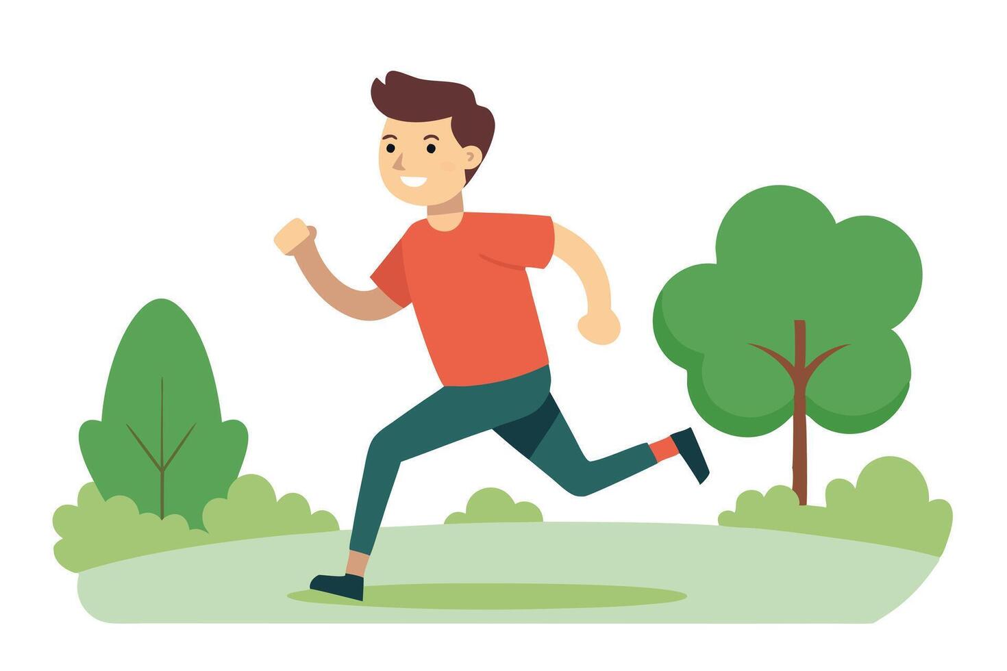 Joyful Cartoon Man Running Outdoors on Green Field, Trees with White Background vector