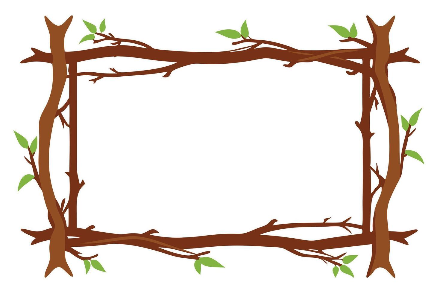 Nature Border from Brown Tree Branches with Green Leaves on White Background vector