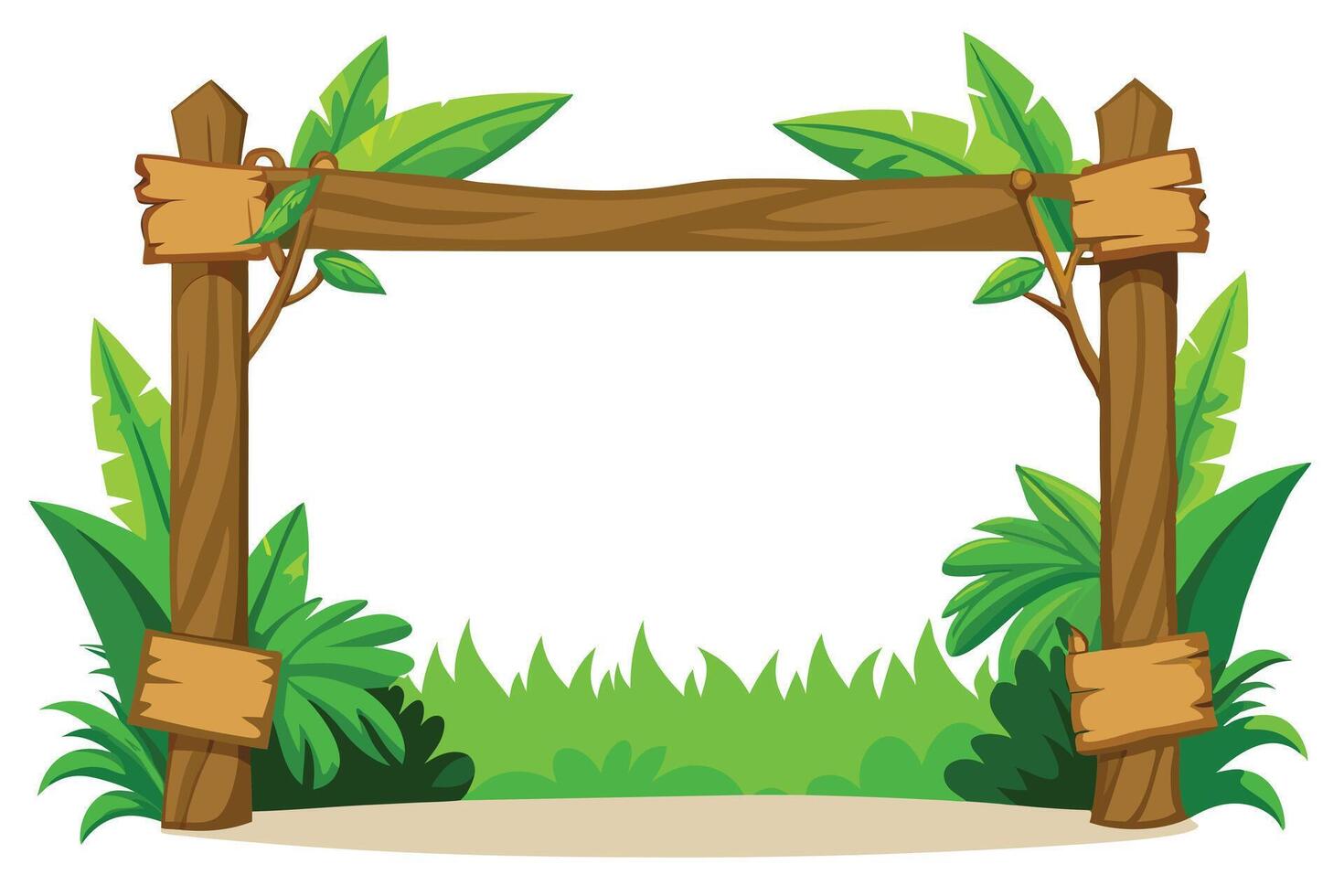 Cartoon Wooden with Tropical Leaves and Grass on a White Background vector