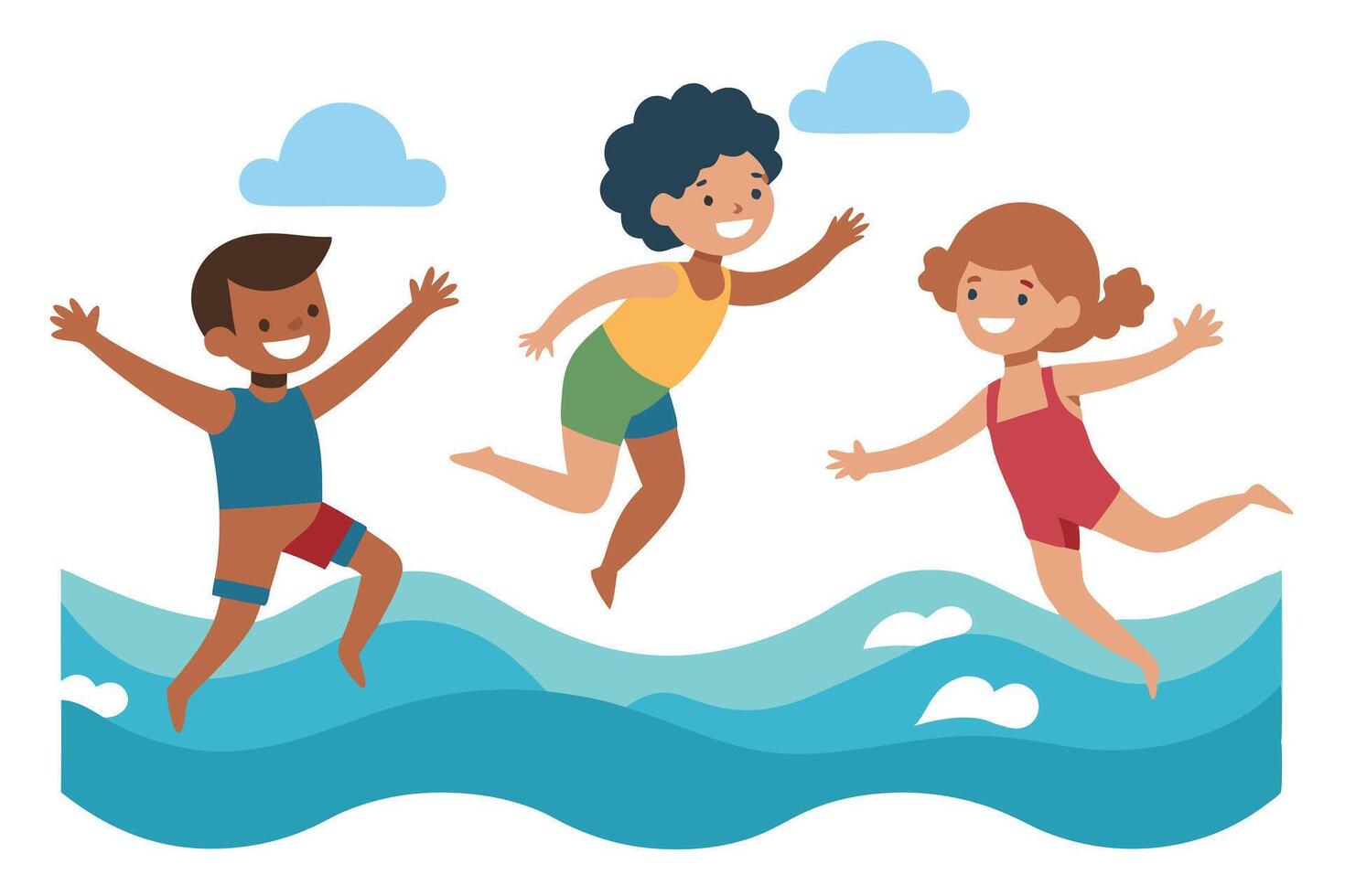 Cheerful Multicultural Kids Jumping Over Waves with Blue Sky and Clouds vector