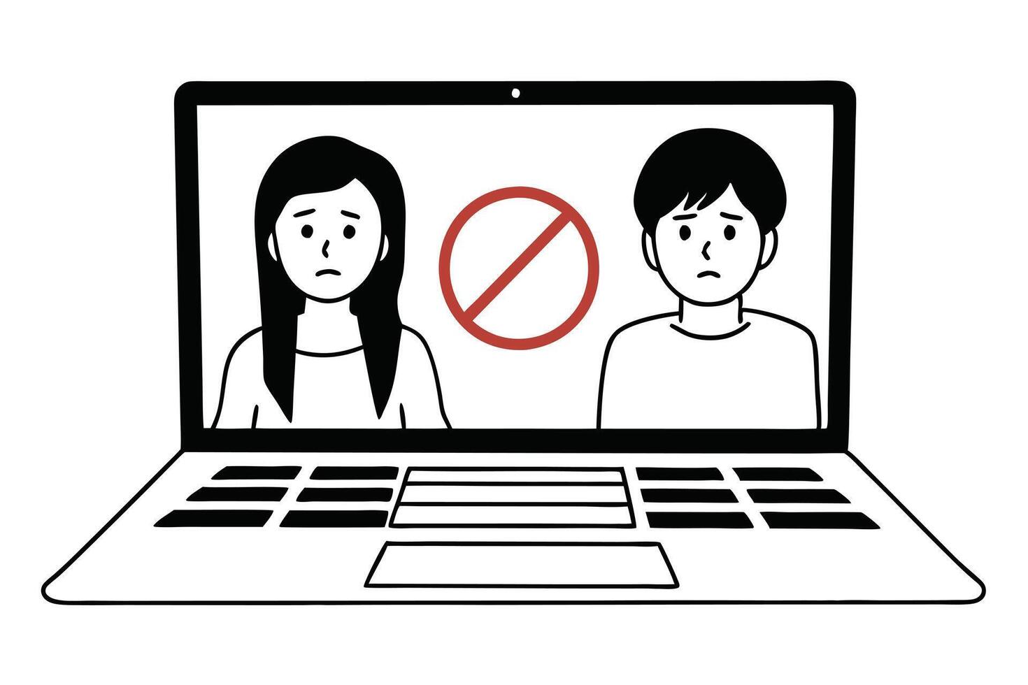 Laptop Screen Featuring Asian Woman and Man with Prohibition Sign in Doodle Style vector