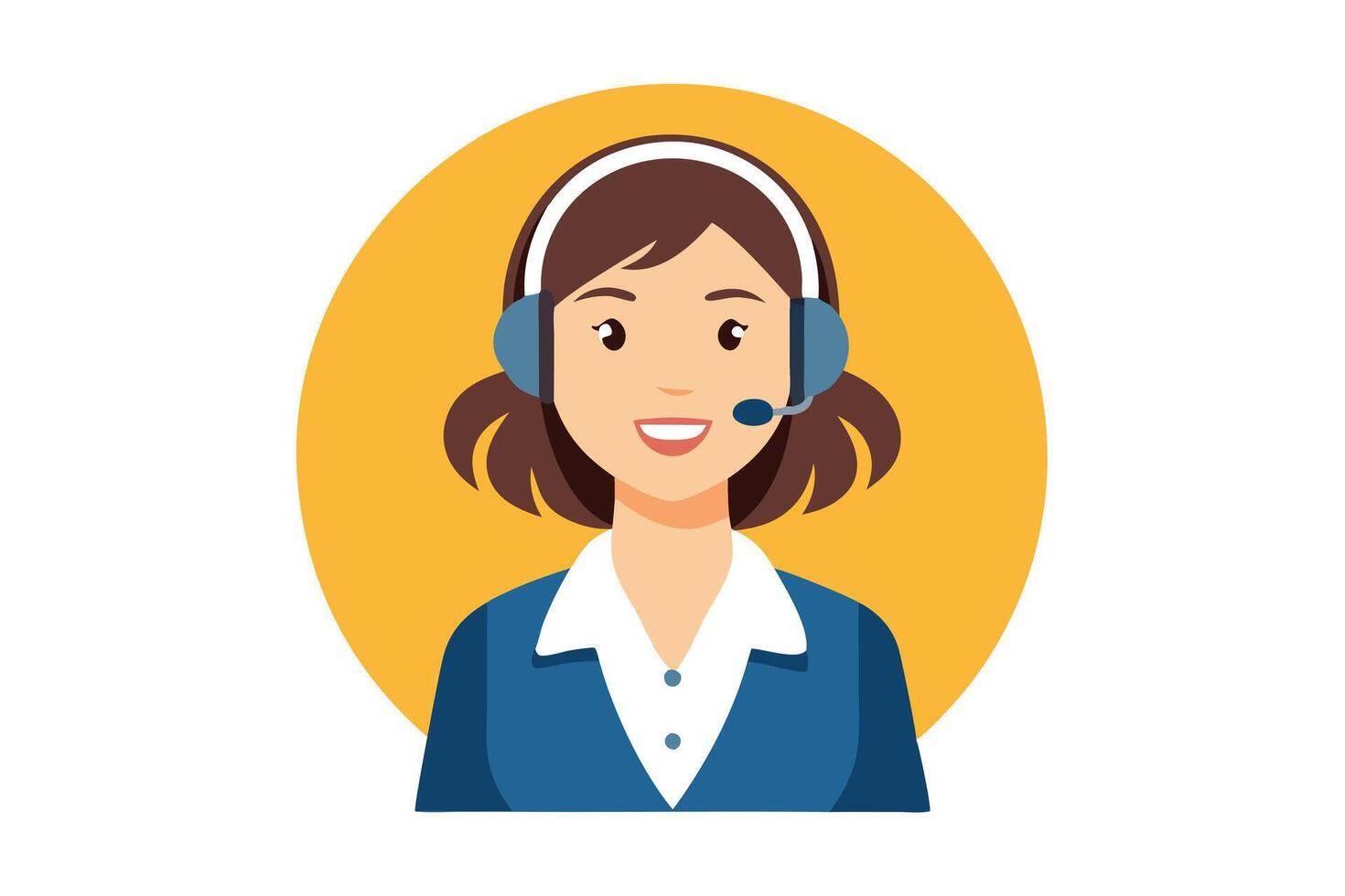 Cheerful Woman with Brown Hair Wearing Headset on Yellow Circle Background vector