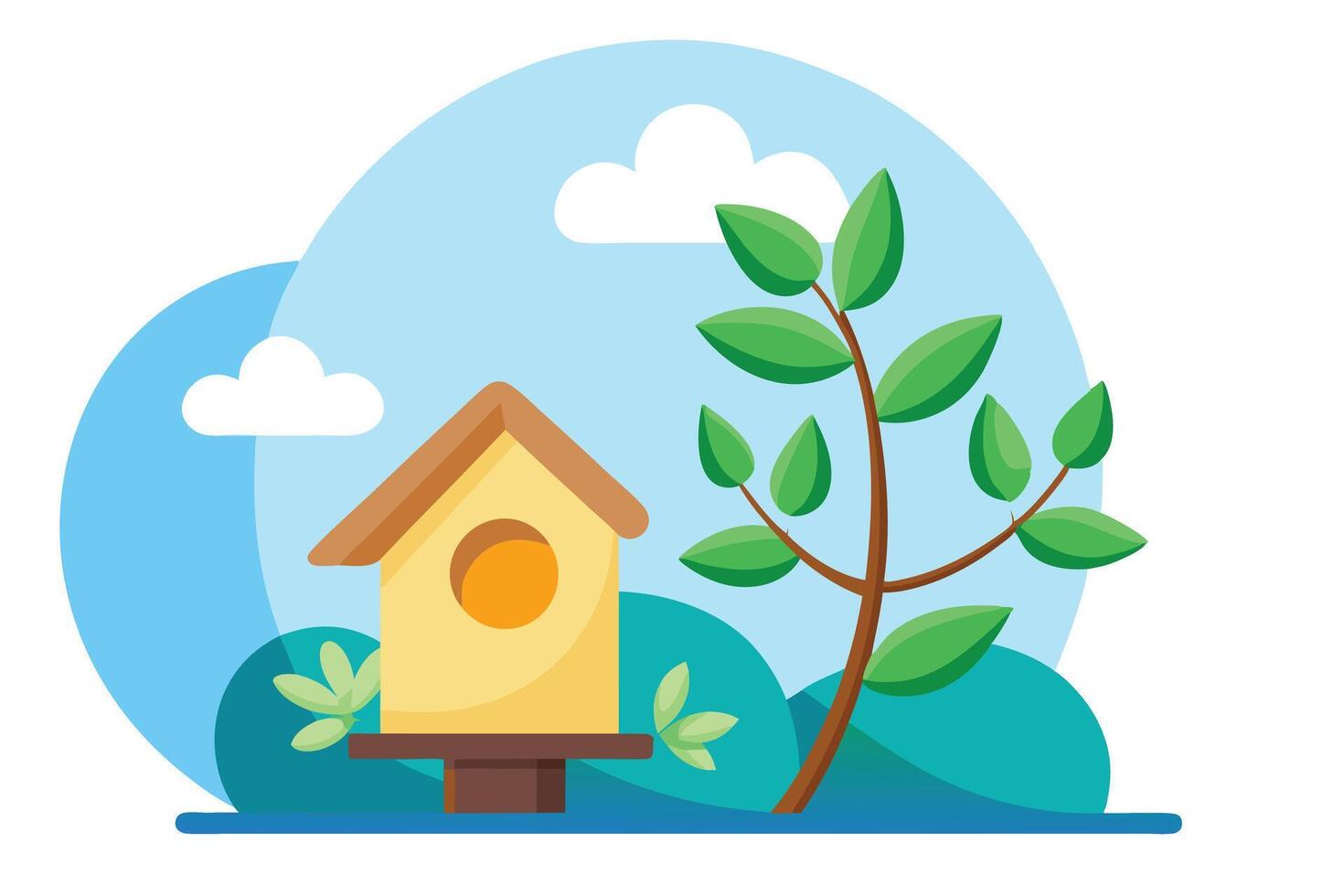 Birdhouse with Tree Branch Against Blue Sky Design vector