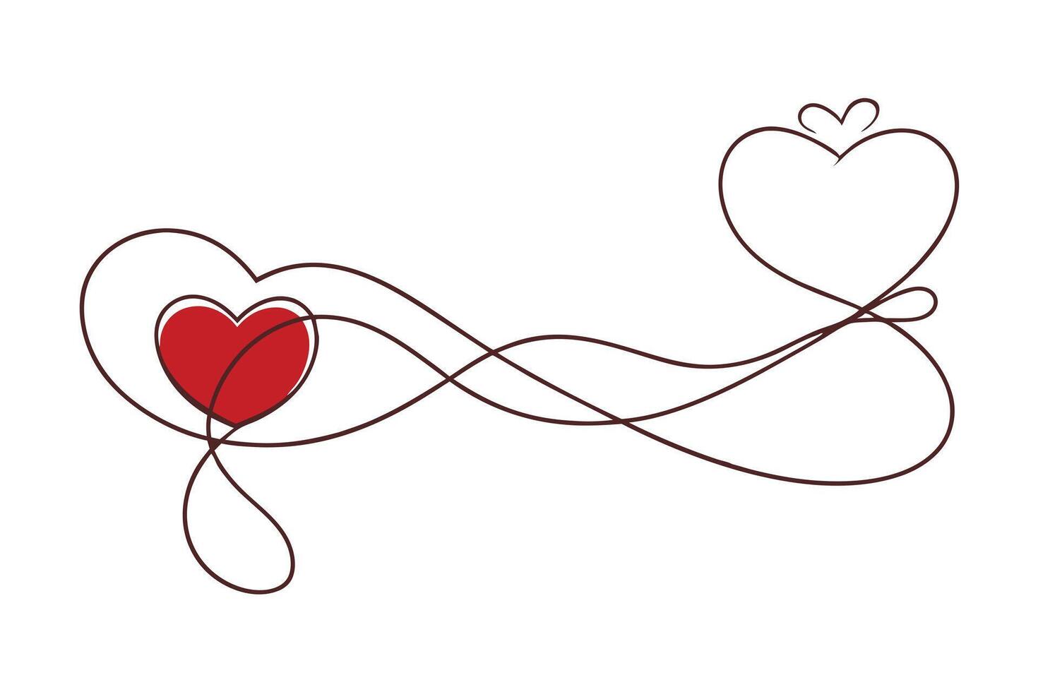 Heart Continuous Line Art with Red Fill and Two Hearts Isolated on White Background vector