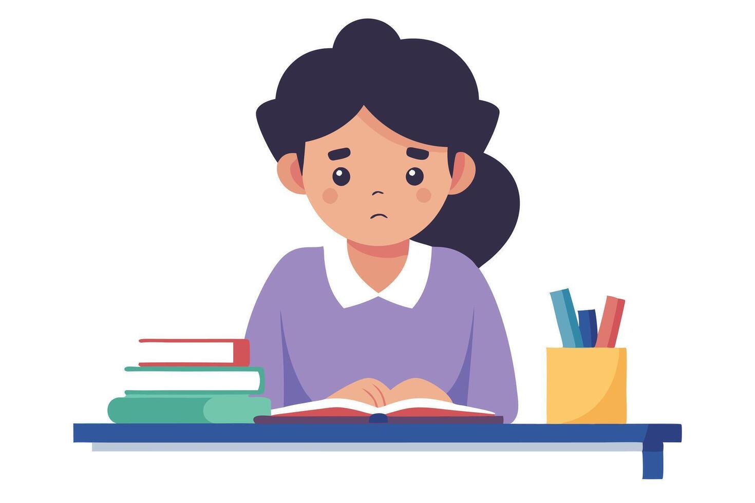Cartoon Student Studying With Sad Face, Book and Supplies on Desk in White Background vector