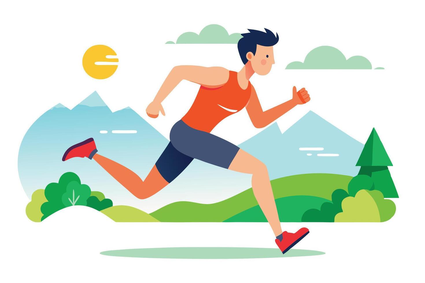 Man Running in Nature Landscape, Cartoon Style Athletic Runner, vector