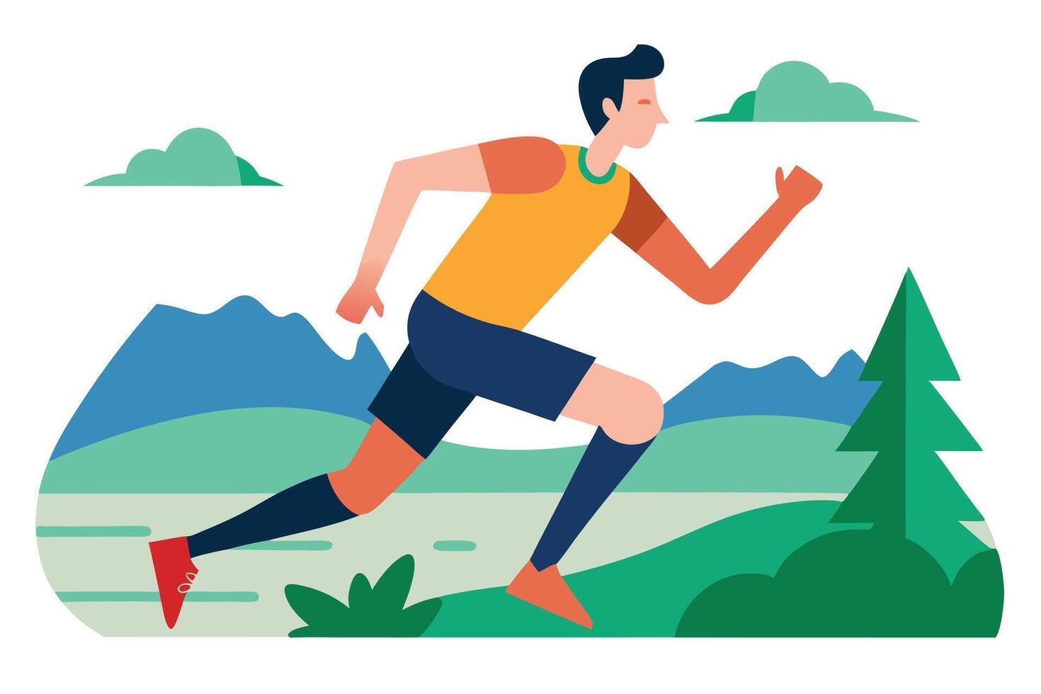 Young Athlete Running Flat Design with Landscape Background Scenery vector