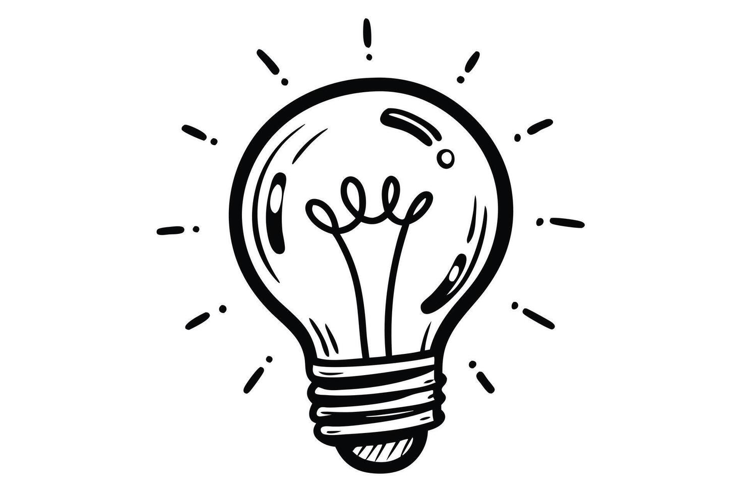 Hand Drawn Light Bulb Icon with Line Art on White Background and Lighting Effects vector