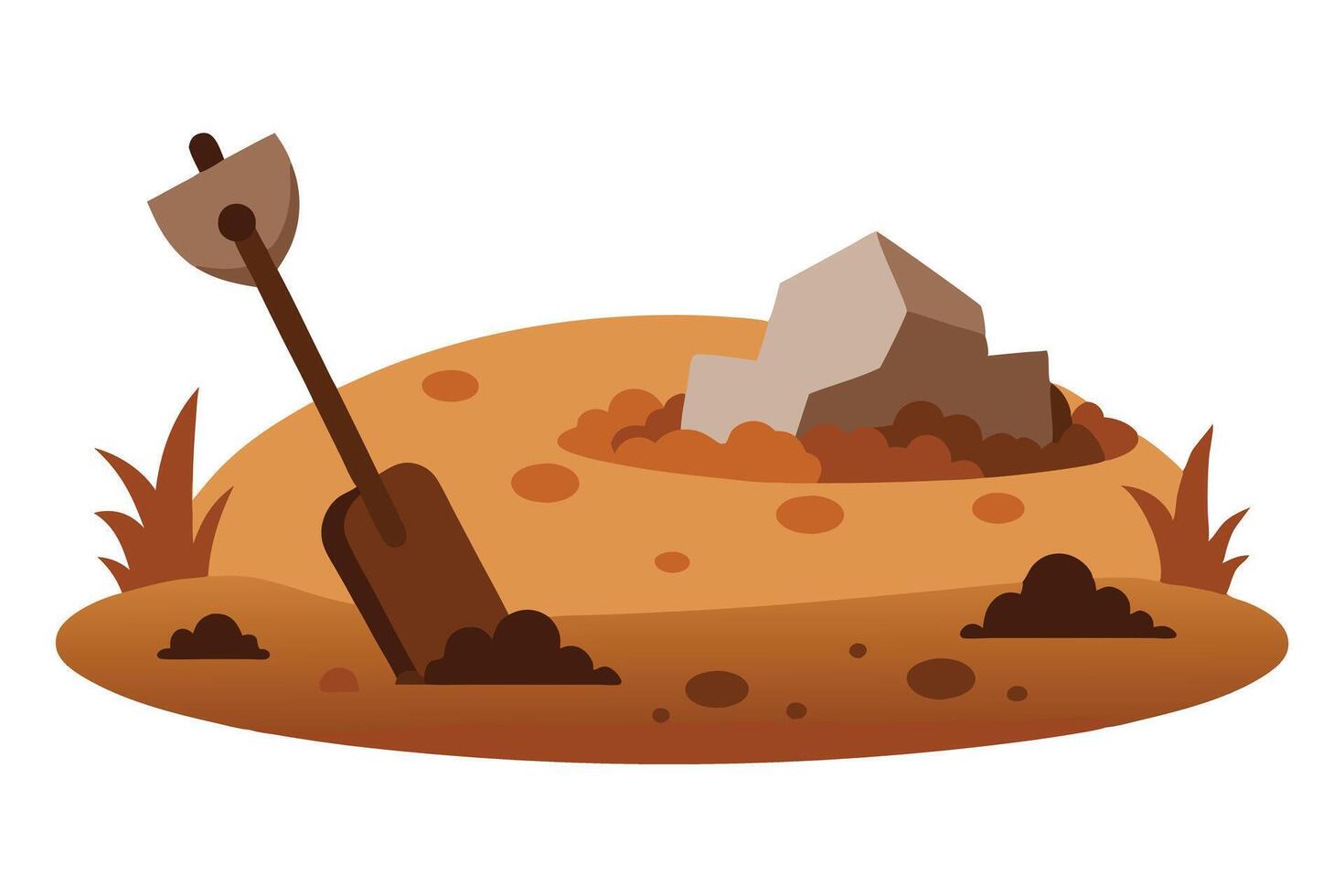Cartoon Soil Mound with Buried Rock and Shovel, Flat Icon, Ground vector