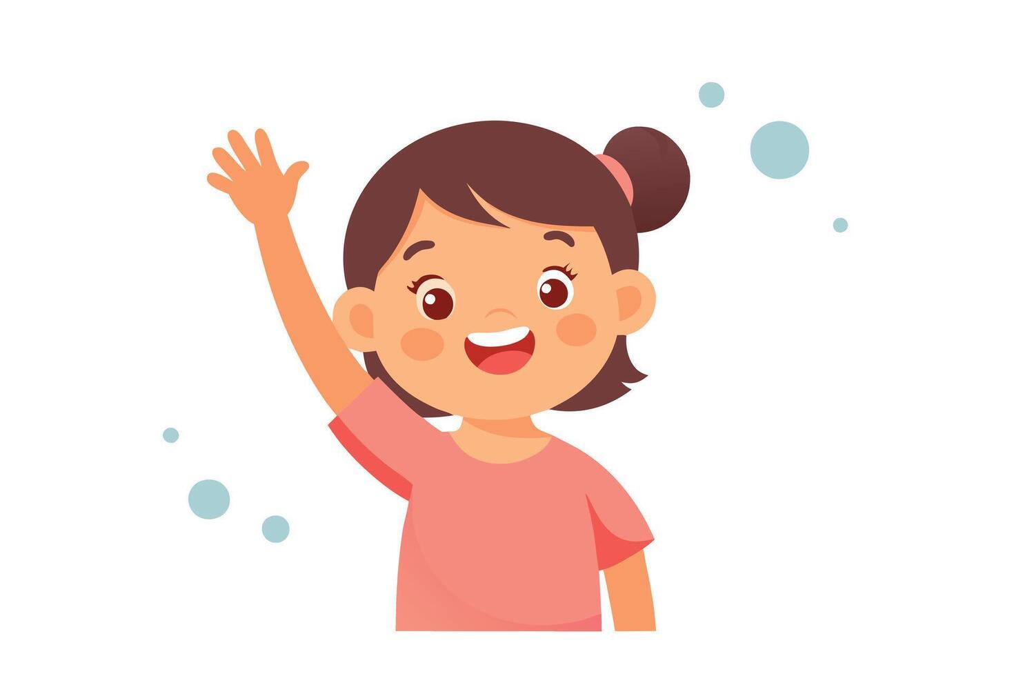 Cheerful Girl Cartoon Waving Hand with Smiling Face and Blue Bubbles Design vector
