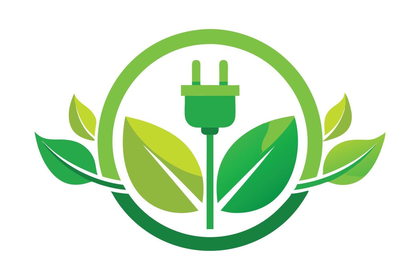 Green Energy Icon with Plug and Leaves in Circle on White Background vector