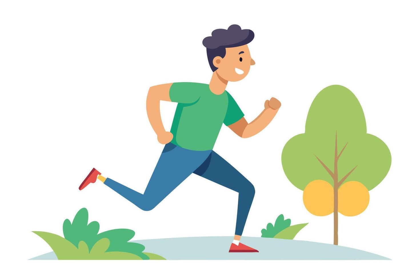Cartoon Man Jogging in Park, Green Shirt, Blue Pants, Trees, White Background, Flat vector