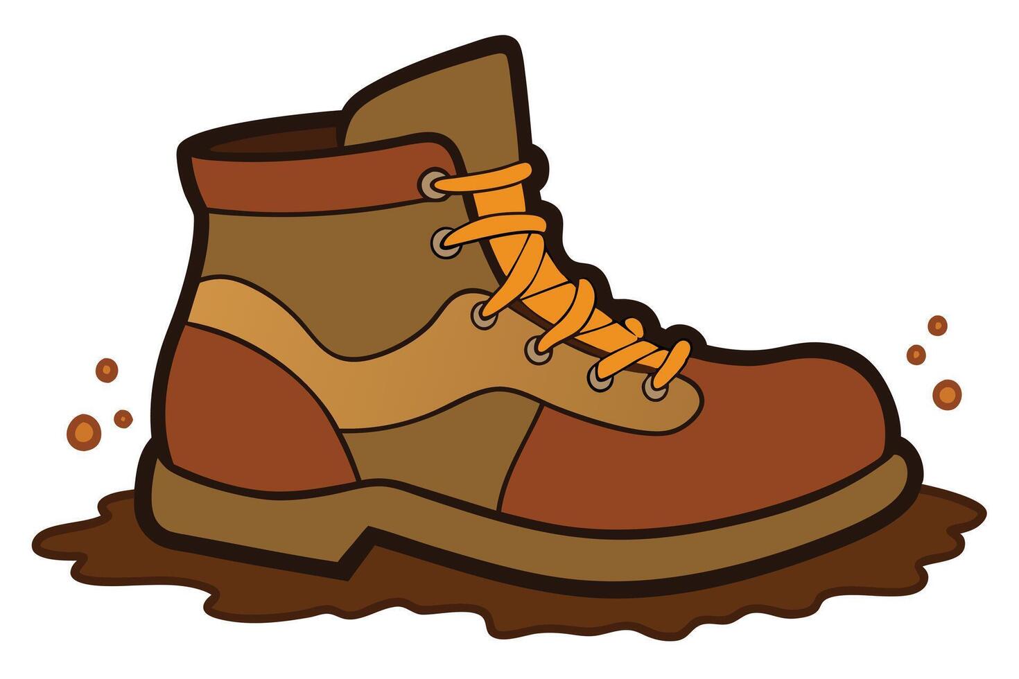 Muddy Hiking Boot Cartoon Illustration, Colorful Laces, Brown Shades, White Background vector