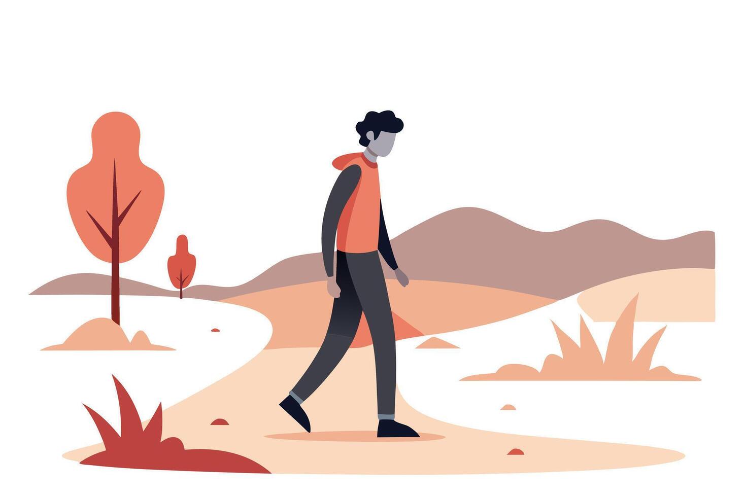 Isolated Ethnic Man Walking Outdoors Minimalist Landscape with Neutral Tones vector