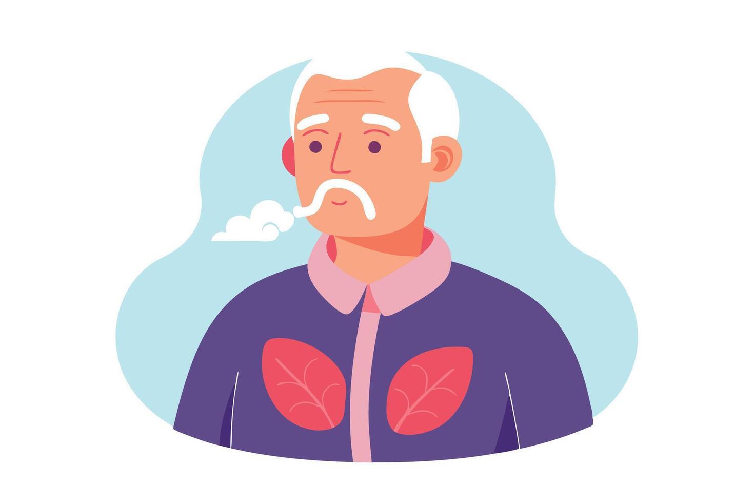 Cartoon Old Man With White Hair and Mustache Smoking on Light Blue vector