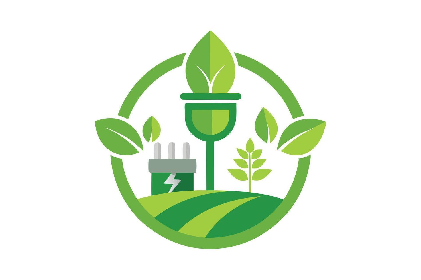 Green Energy Logo with Plant, Leaf, Power Plug and Field in Circle on White vector