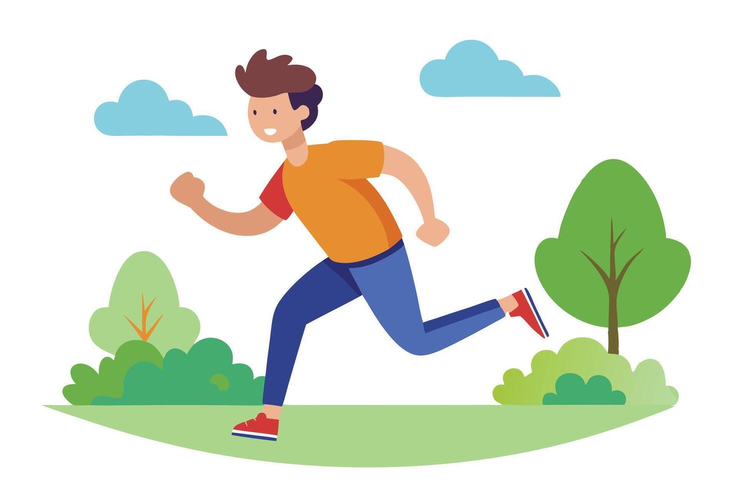 Cartoon Man Running in Park with Trees, Clouds and Grass on White Background vector