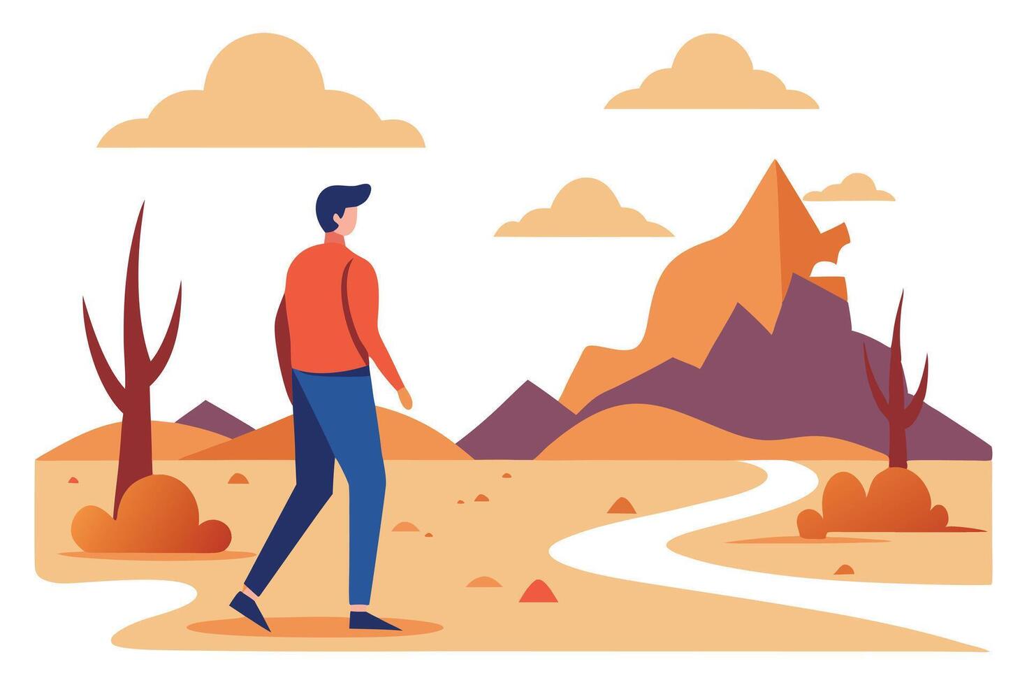 Man Walking in Desert Landscape with Mountain View, orange clouds, simple style vector
