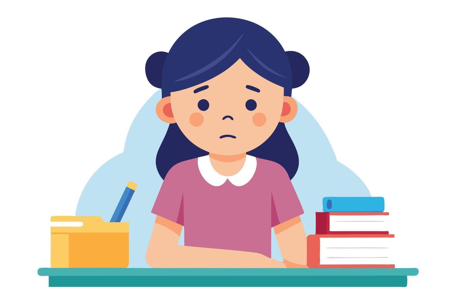 Frustrated Girl With Books At Desk Illustration, Flat Style, Sad Expression vector
