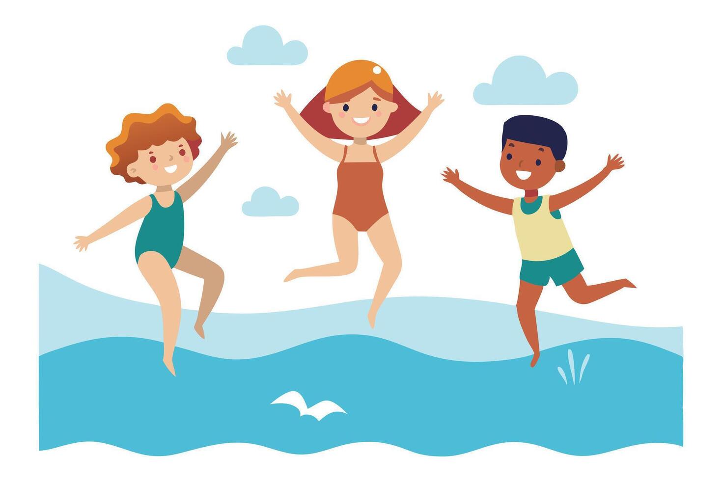 Cheerful Diverse Children Jumping on Water Waves, Isolated on a White Background vector