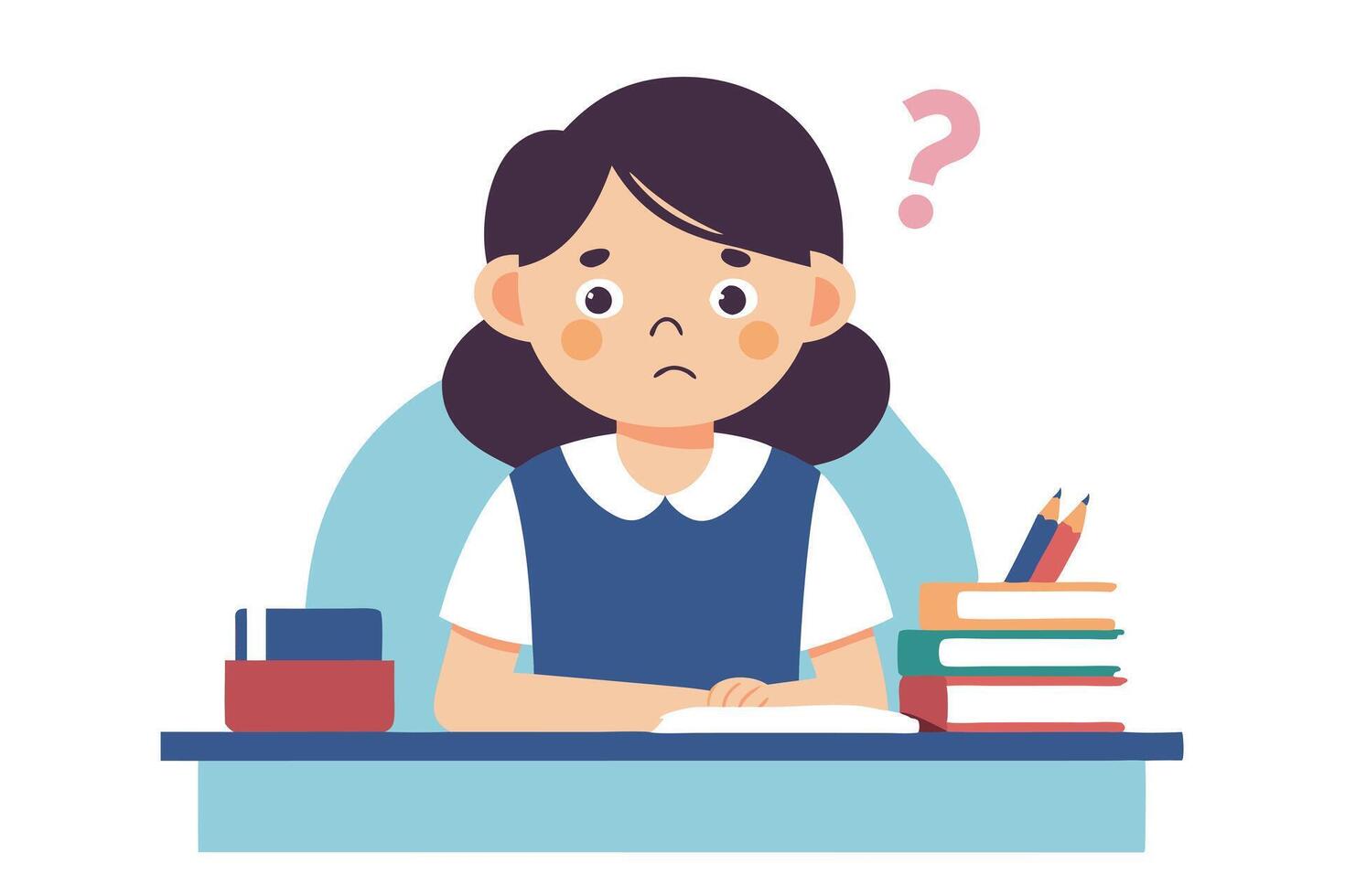 Cartoon Girl Student Thinking with Books and Pencils on Desk Over White Background vector