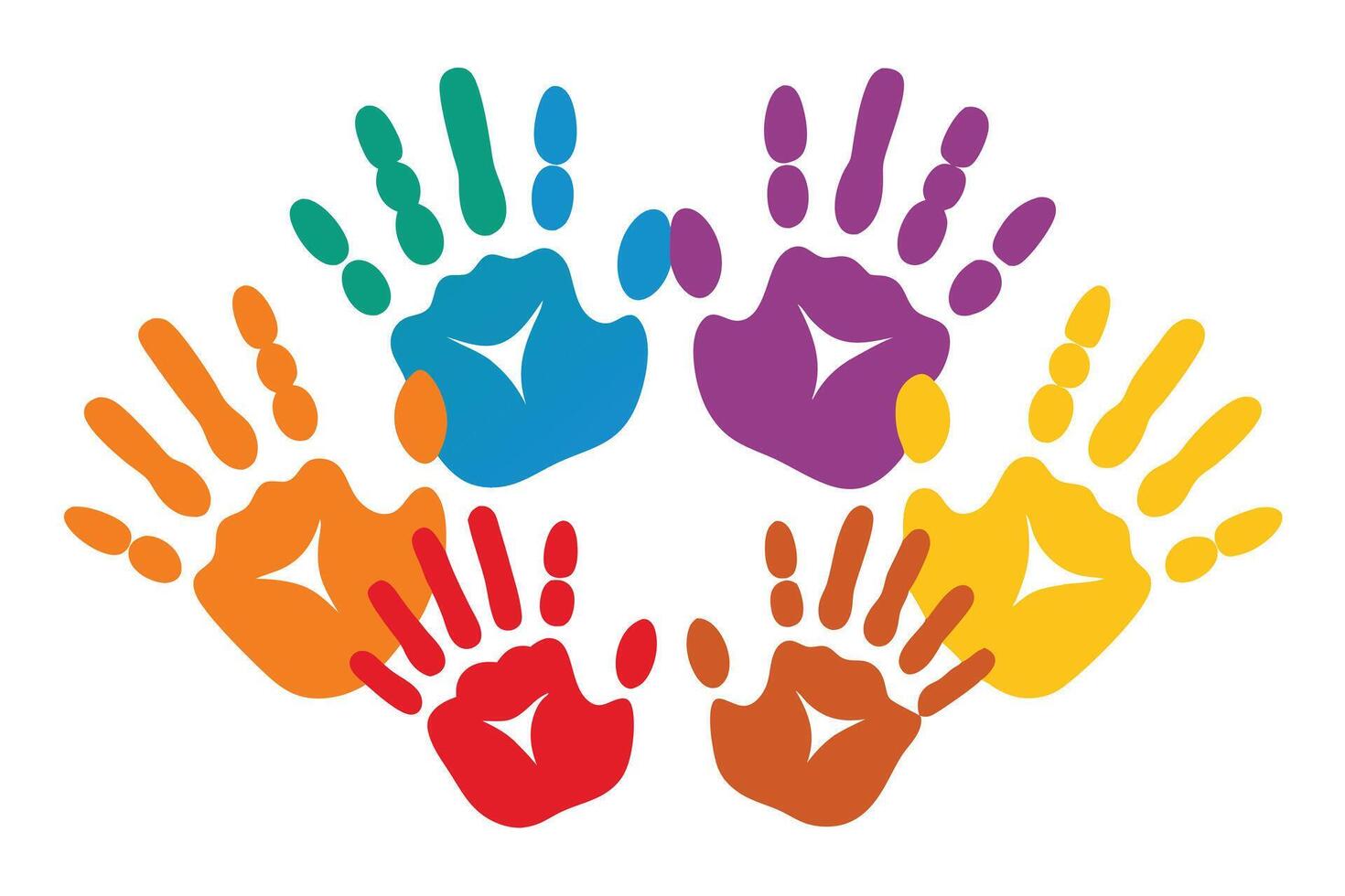 Colorful Handprints Circle on White, Vivid Diverse Palm Prints, Community Symbol vector