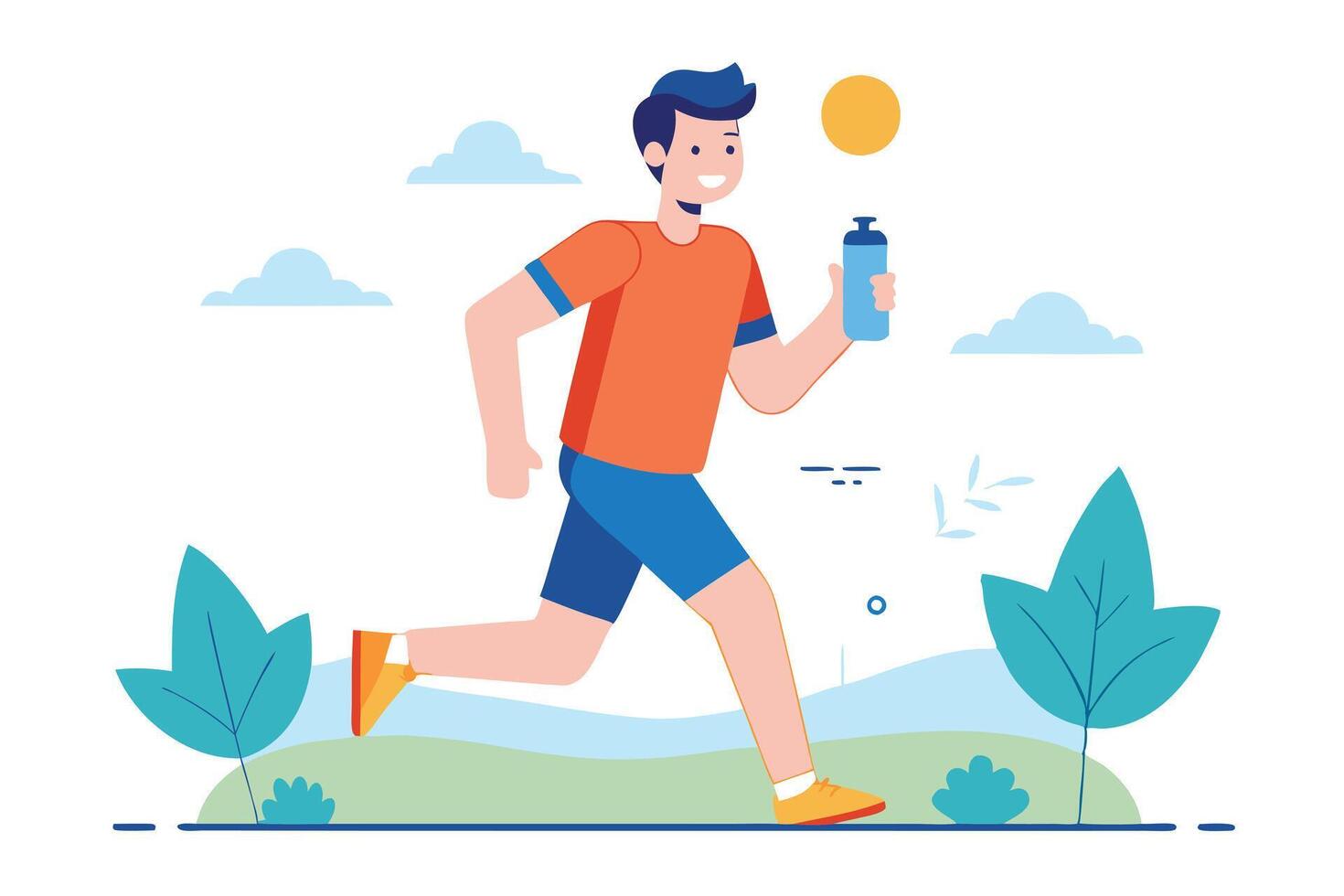 Cartoon Athlete Running Outdoor with Bottle, Orange Shirt and Yellow Shoes vector
