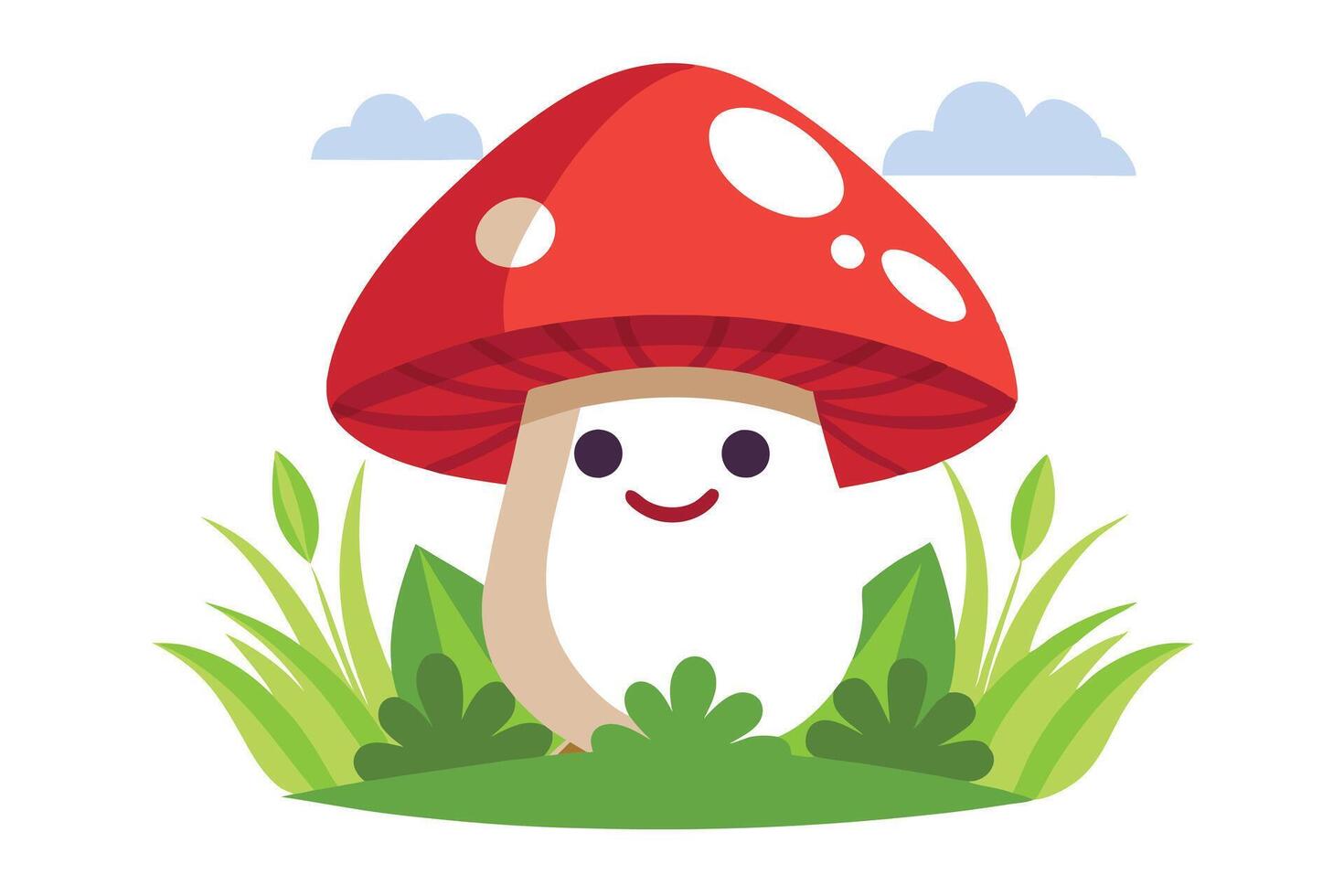 Cute Cartoon Mushroom with Red Cap, White Spots, Smiling Face, and Grass vector