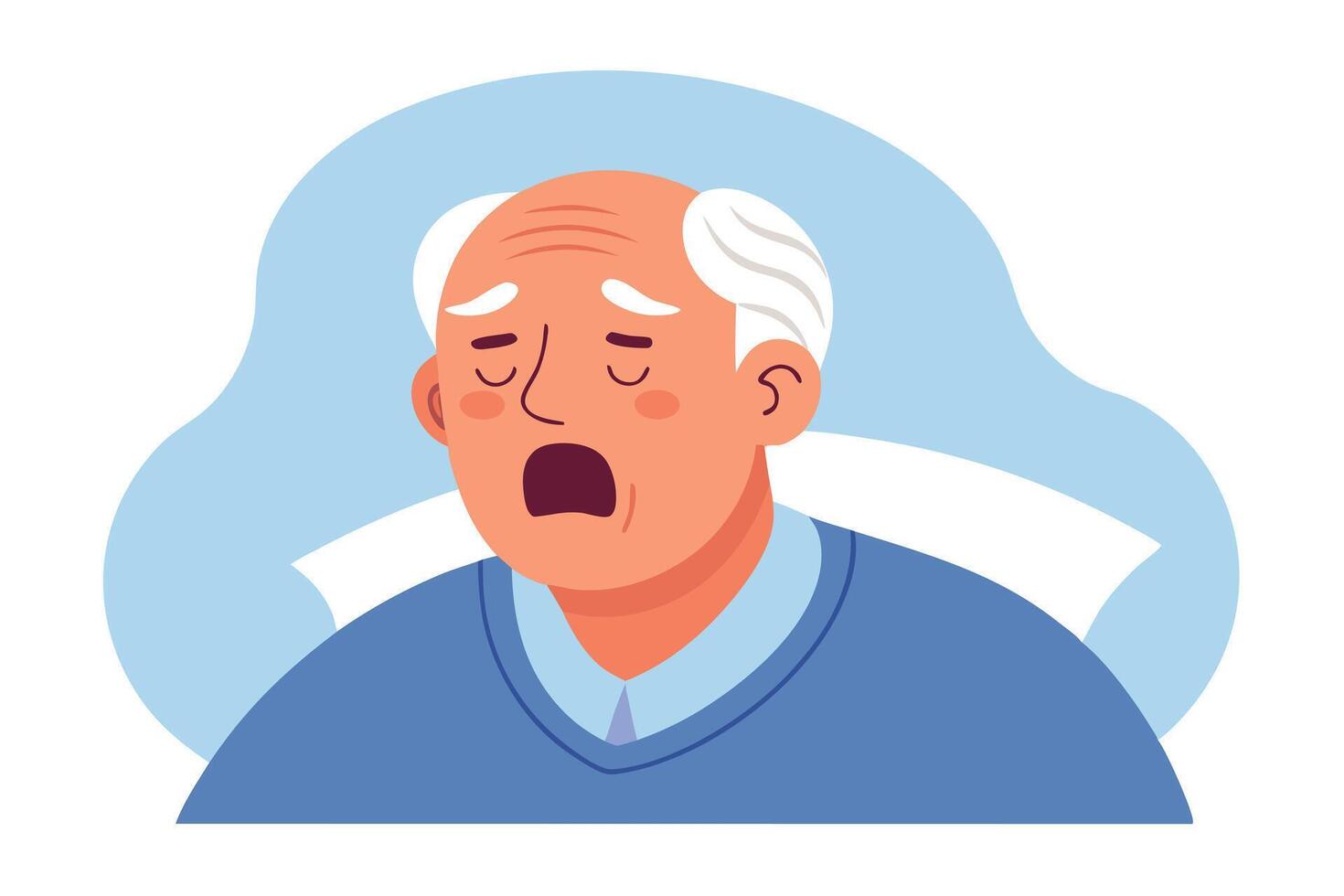 Cartoon Bald Man with White Hair Yawning Tiredly on Light Blue Background Design vector