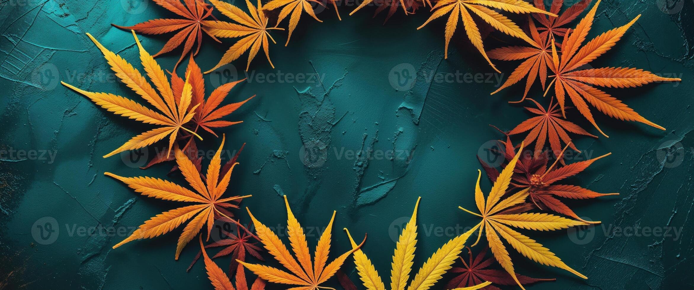 Autumnal Cannabis Leaf Wreath on Teal Textured Background photo