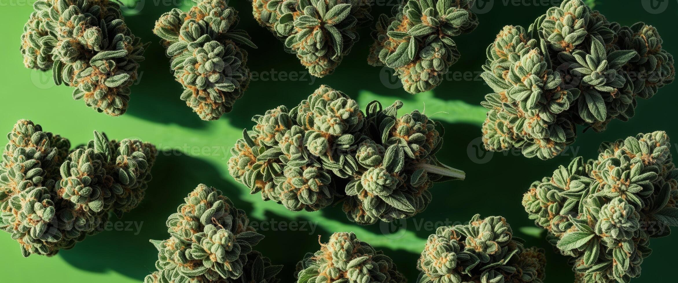 top view cannabis marijuana buds on a green background with hard bright light photo
