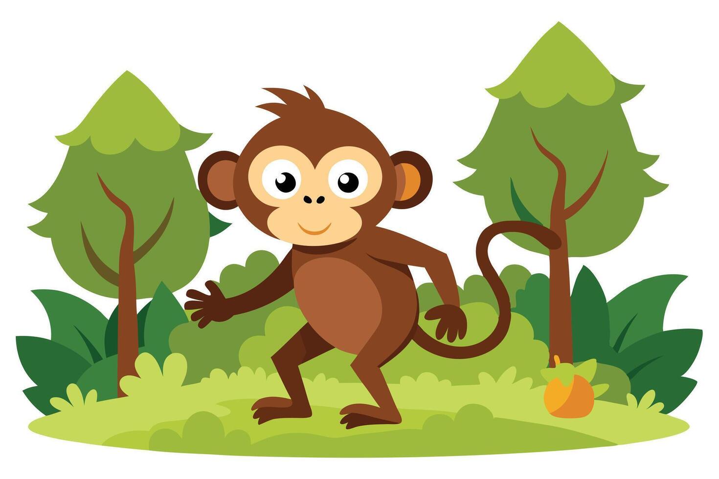Cartoon Monkey Walking in Forest with Trees and Greenery on a White Background vector