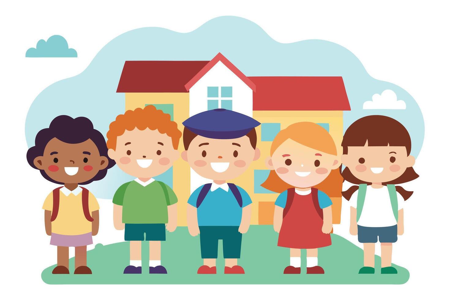 Cheerful Diverse Cartoon Kids with Backpacks in Front of a School Building vector