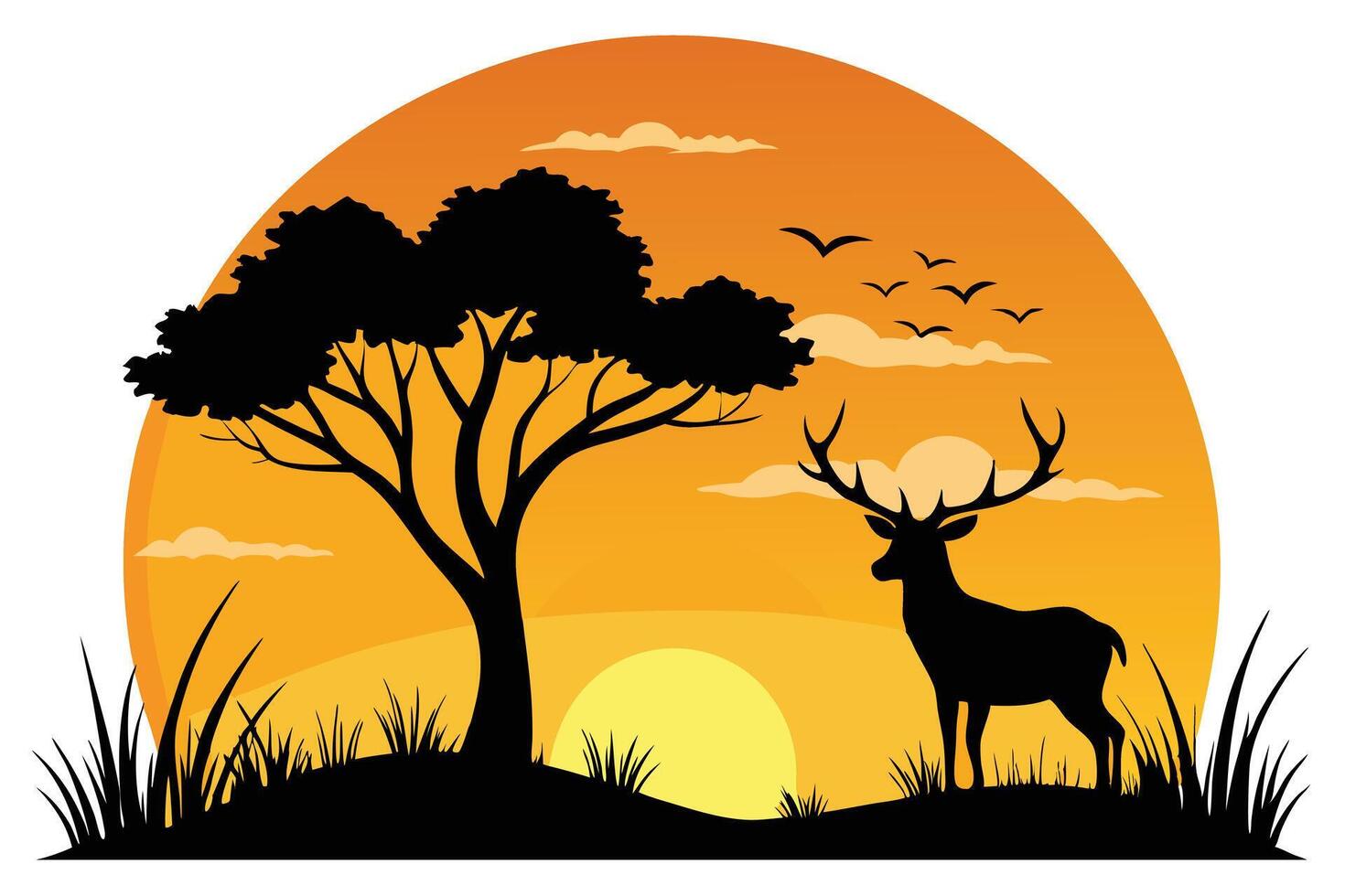 Deer Silhouette, Tree and Birds at Sunset Landscape on White vector