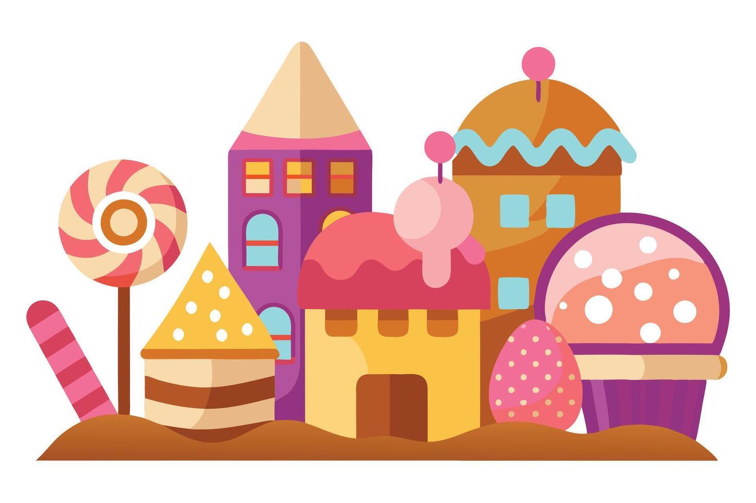 Whimsical Flat Style Candy Land with Colorful Building Structures and Sweets vector